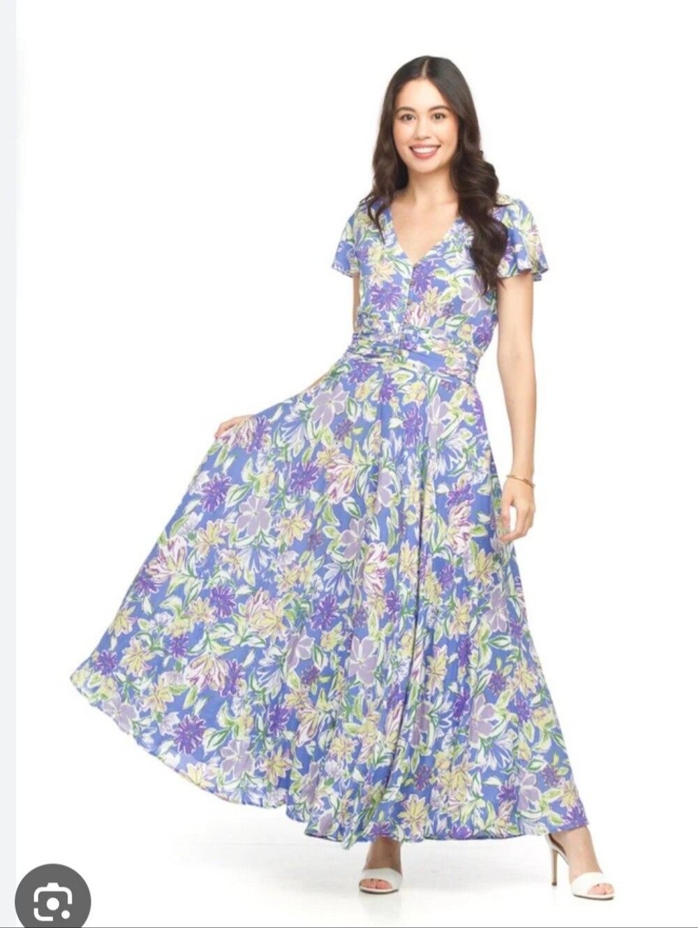 Papillon Blanc Lavender-Blue Floral V-Neck Maxi Dress